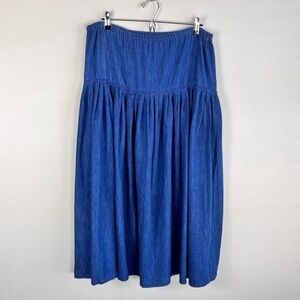 Vintage Gene Ewing Bis Pleated Tiered Drop Waist Wrinkled Rich Denim Maxi Skirt